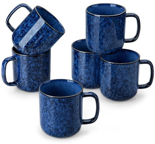 vancasso Lot de 6 Grandes Tasses à Café en Grès - 480ml - Ensemble de Mugs avec Anse pour Thé, Café, Lait, Cappuccino - Résistant au Lave-vaisselle et Micro-ondes - Bleu à Émail Réactif