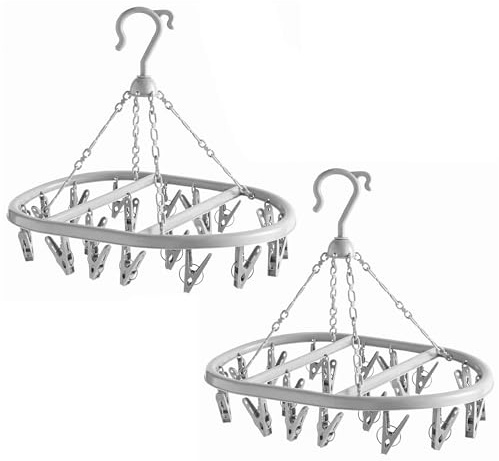Lizzy 2 Pack 20 Peg Hanging Clothes Airer Circular Laundry Dryer Rack Plastic Sock Underwear Drying Hanger Windproof Indoor Outdoor Space Saving Clothes Drying Rack - Grey