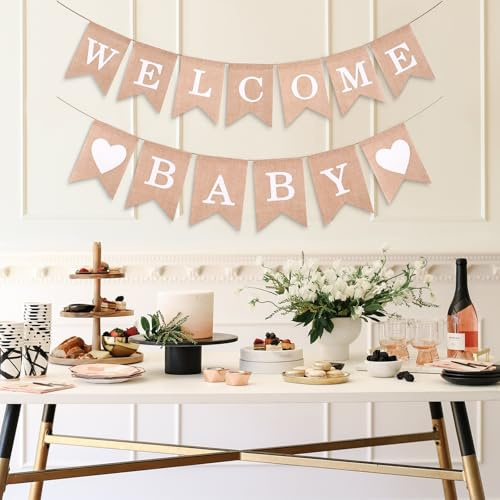 Luxvara Willkommen Baby Banner mit Samtbeutel, Vintage Leinen Buchstaben Welcome Baby Banner Girlande mit Kordelzug Säckchen, Willkommen Zuhause Willkommensparty Dekoration für Empfang Babyparty