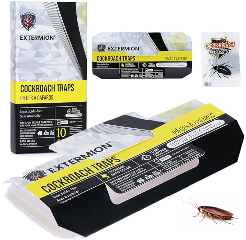 EXTERMION Pièges Cafards Collants avec Attractif – Kit 10 Pièges + 10 Appâts – Piège à Cafards/Blattes sans Insecticide – Maison, Cuisine, Garage, Locaux Professionnels