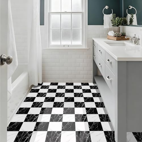Alwayspon 30x30cmx10Pcs Self-adhesive Flooring Peel and Stick Vinyl Sticker, Non-slip Waterproof Vinyl Floor Tiles Decal for Kitchen Bathroom Living Room, White Black Marble Checkerboard