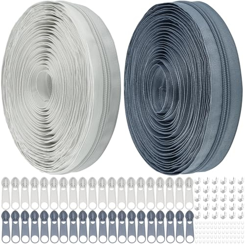 Endlos Reissverschluss mit Zipper, 5mm 18m Nylon Endlosreißverschluss Meterware und Zipper aus Metall für Kleidung Tasche Mäppchen Bettwäsche (Dunkelgrau und Grau, #5)