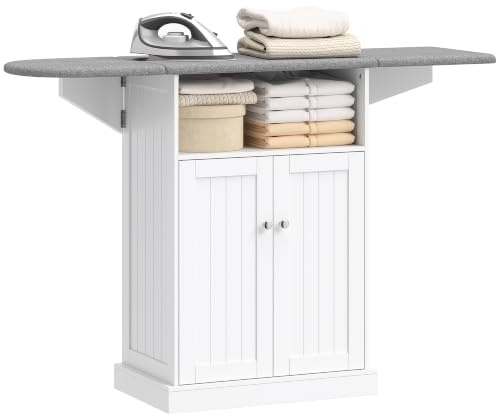 HOMCOM Armoire à Repasser sur roulettes Pliable 131 x 37 x 89,5 cm Blanc | Table à Repasser, Plateau Repassable, Compartiment Ouvert, Étagère Réglable, pour Salon, Chambre