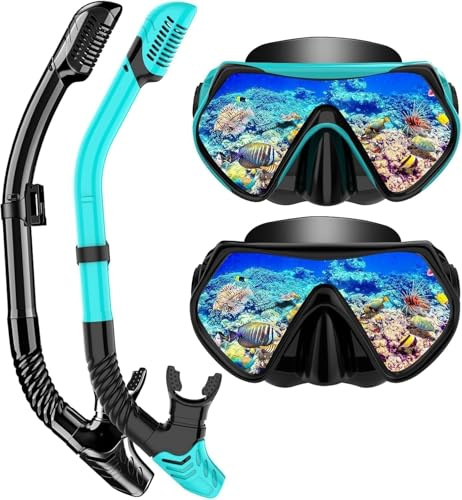 Schnorchelset Erwachsene, Schnorcheln Set mit Anti-Fog Taucherbrille und Dry Schnorchel, Professionelle Schnorchelmaske Tauchmaske aus Gehärtetem Glas für Schnorcheln