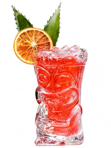 bar@drinkstuff Pukana Glass Tiki Mug 350ml Clear Glass Tiki Cocktail Mug with Detailed Tiki Face for Rum Cocktails Mixed Drinks Tropical Barware Decorative Glass for Home Bar Parties Events