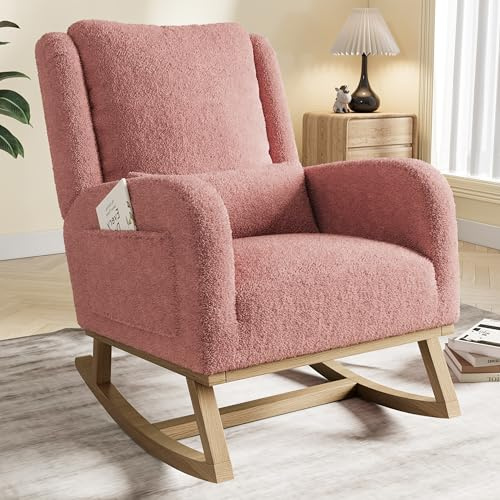 Quiaviank Hög rygg, gungstol, relaxstol, fåtölj med träskenor och armstöd, amningsstol, gungfåtölj med sidofickor, loungestol för vardagsrum, sovrum, balkong och babyrum