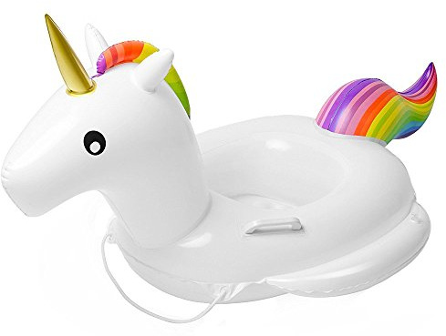 Baby Schwimmring Aufblasbarer Einhorn Schwimmsitz Kinderboot Kinder Schwimmhilfe mit Sonnenschutz für Kinder (Weiß Einhorn)