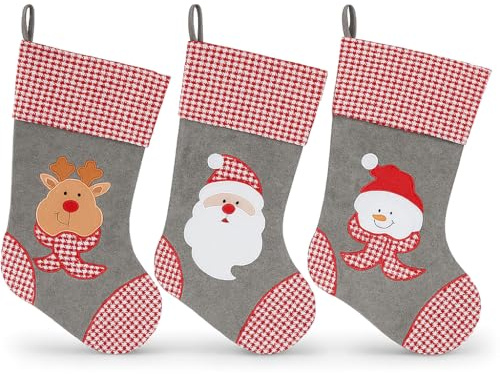HEITMANN DECO Filz-Nikolausstiefel-Set - Weihnachtsstrumpf grau rot weiß mit Webstoff zum Befüllen - Nikolausstrümpfe mit Rentier-, Weihnachtsmann- und Schneemann Kopf Stickerei