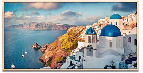 Santorini Insel ca. 130x70cm Wandbild inklusive Schattenfugenrahmen naturfarbend - Panorama Leinwand Bild XXL Format Wandbilder Wohnzimmer Wohnung Deko Kunstdrucke