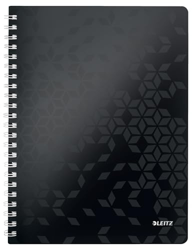 Leitz WOW Collegeblock A4 liniert, 160 Seiten, 80 Blatt FSC-zertifiziertes Papier 80 g/m², Doppelspiralbindung, PP-Einband, Notizbuch mit Sichthülle und Lineal, Für Büro oder Schule, Schwarz, 46370095