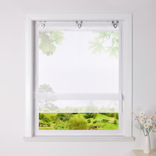 Heichkell Voile Raffrollo ohne Bohren Transparente Raffgardine mit U-Haken Unifarbiges modernes Ösenrollo Weiß H*B 130 * 60cm