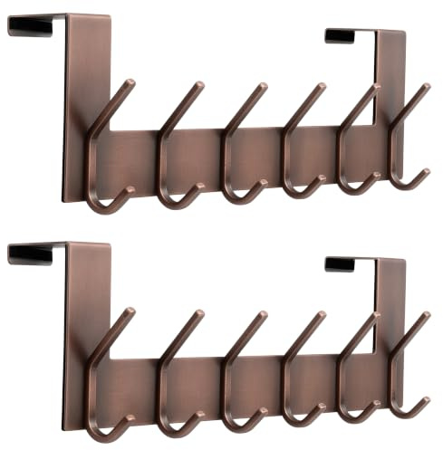 Dseap Türhaken – für Tür bis 4,5cm Dicke, Edelstahl Türgarderobe Türhakenleiste Türaufhänger Kleiderhaken Tür Zum Einhängen Kleidung Hut Handtuch Mantel, Mit 6 Flachen Haken, Antikes Kupfer, 2er Set