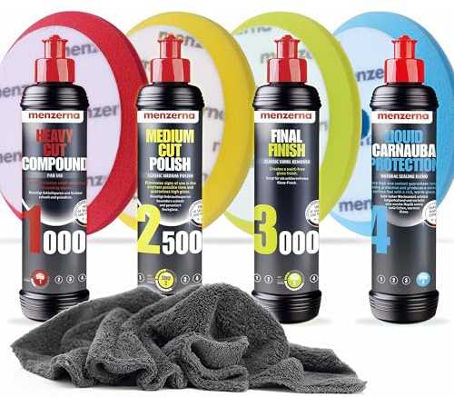 Detailmate Auto Polish Set - Menzerna car polish - Super Heavy Cut Compund HC1000 + Medium Cut 2500 + Final Finish FF3000 + Liquid Carnauba wax + 4 matching Menzerna pads + polishing cloth