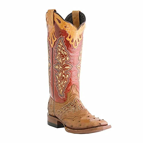 BBOOY Stivali Western da Donna, Stivali da Equitazione Vintage con Tacco Grosso Cowgirl Cowboy a metà Polpaccio con Punta Quadrata in Pelle Ricamata