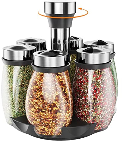 DUTUI frascos de Especias Especiero, carrusel de Especias Giratorio de 360 °, con 6 frascos de Vidrio para Especias, Hecho de Acero Inoxidable para Almacenamiento de Especias