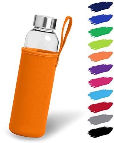 NOMA Glasflasche 0,5l mit Neoprenhülle | Trinkflasche aus Glas in 500ml, 600ml & 1000ml mit Schutzhülle und Edelstahldeckel | Wasserflasche für Sport, Büro, Schule & Outdoor | Orange