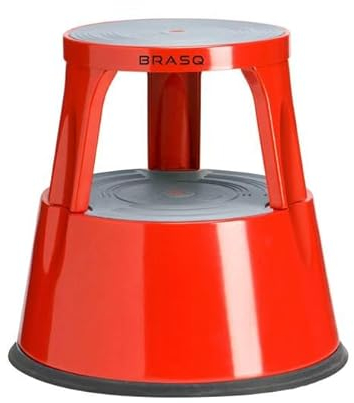 BRASQ Tritthocker mit Rollen ST300 Premium, Elefantenfuß, aus robustem und hochwertigem Stahl, mit einklappbaren 3 Rollen, 42 cm hoch, Trittrollhocker rot, belastbar bis 150 kg