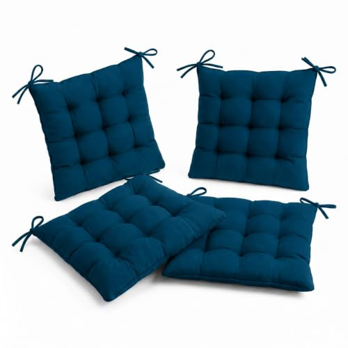 Deco Arts Stuhlkissen für Gartenstuhl, Sitzkissen Outdoor 40x40 cm, 4er Set mit Bindebändern, 380 g, Bezug aus Polyester-Oxford-Gewebe, Petrolblau
