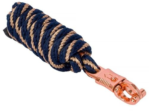 Start Führstrick Pferd 2 m – Robuster Anbindestrick mit Panikhaken oder Karabiner – Reißfest & Wetterfest – Führseil für Stall, Bodenarbeit & tägliches Training (Dunkelblau/Rosegold, Panikhaken)