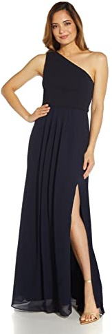 Adrianna Papell Women's One Shoulder Chiffon Gown | Long Evening Gown with Pleated Skirt, Fitted Bodice & Side Leg Slit, Midnight 10