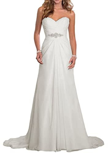 Women's Chiffon A-Line Bridal Dresses Off Shoulder Strapless Sweetheart Wedding Gowns A-Ivory