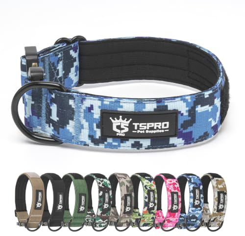 TSPRO Taktisches Hundehalsband mit Metall-Schnellverschluss & Klettfläche | Verstellbar & Schwer, 3,8 cm Breit mit Plaketten & Weicher Polsterung für Mittlere & Große Hunde, Spaziergänge, Camo Blau L