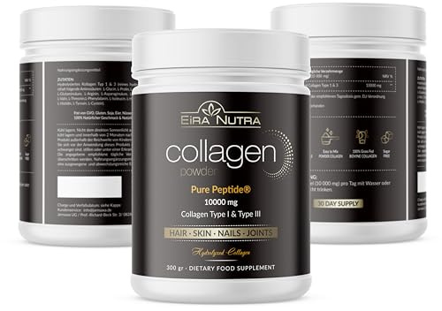 Eira Nutra Collagen Pulver - Hochdosiert 10000 mg pro Portion, Typ 1 & 3 Hydrolysierte Peptide, Von Grasgefütterten Rindern, GMO-Frei, Unterstützt Haut, Haare, Nägel & Gelenke, 30 Tage Vorrat