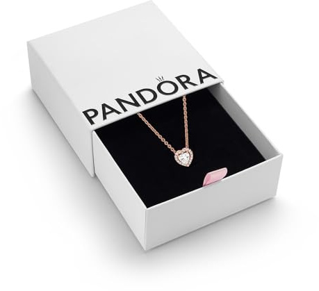 PANDORA Timeless, Sparkling Heart Collier Necklace | 14k Rose Gold-Plated Collier Necklace, Asymmetrical Heart With Halo of Clear Cubic Zirconia, Adjustable Drop