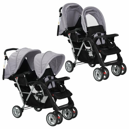 LAPOOH Passeggino Gemellare a Tandem in Acciaio Grigio e Nero,Bebè e Bimbi,Trasporto Bebè,Passeggini(SPU:10113)