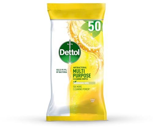 Dettol Biodegradable Antibacterial Multi-Purpose Cleaning Disinfectant Wipes, Citrus Zest Fragrance, 50 Wipes
