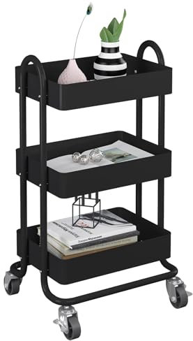 Elitehouse Metal Rolling Cart,3-Tier Metal Rolling Cart with Wheels,3 Tier Utility Cart with Wheels for Office,Home,Kitchen,Garden（13.4x18.1x31） Black