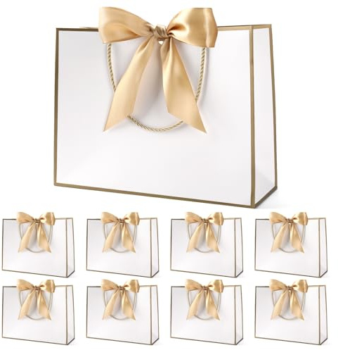Sacchetto regalo con fiocco, bianco, sacchetto regalo per compleanno, matrimonio, festa di festival, Natale, 32 x 25 x 10 cm, bianco, 8 pezzi (bianco e oro)