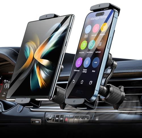 xuenair Soporte de coche Z Fold con brazo largo, sin bloqueo de ventilación y nunca se cae. Compatible con iPad Mini, Z Fold 7, 6, 5, iPhone 17, 16, 15 y más dispositivos de 4.7 a 12.9 pulgadas