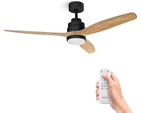 Ufesa Ventilador de Techo con Luz LED, 40W, 6 Velocidades, Ultra Silencioso, 3 Aspas Madera Natural 132cm, Función Verano - Invierno, Temporizador 8h, 3 Niveles Luz, Mando a Distancia, Negro - Haya