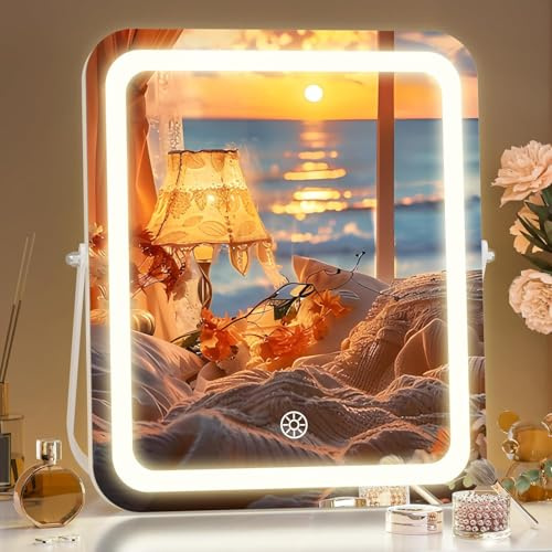Hasipu Vanity Mirror with Lights, 25 x 30cm LED Makeup Mirror, 3 Modes Light, Smart Touch Control Dimmable, 360ｰRotation, Rectangle White Frame