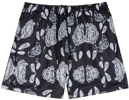 BOOMLEMON Herren-Shorts, Mesh, Paisley-Shorts, Retro-Grafikdruck, lässige Shorts, Bandana, Boho, Basketball, Streetwear, kurze Hose, Paisley 2 - Schwarz, Mittel
