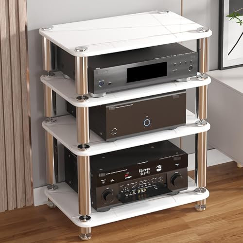 LYXWGRZD 4-stufiger Audio Rack HiFi Regal, HiFi Rack mit reichlich Stauraum, Plattenspieler Regal, gehärtetes Glas, Phonoschrank mit stoßdämpfenden Fußspikes, starke Tragfähigkeit(Wit,76cm/29.9in)