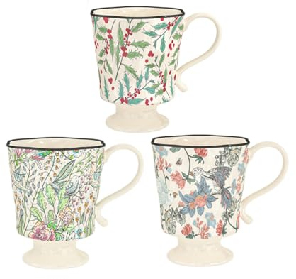 Juego de 3 tazas de café de cerámica, gran capacidad de 360 ml, taza con mango único, taza de cerámica de estilo moderno con patrones de pájaros y flores, ideal para leche, té, café, café con leche,