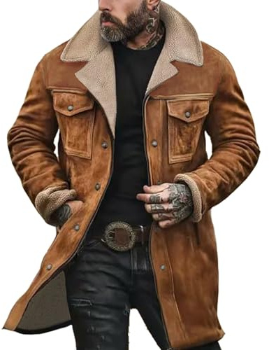 Winterjacke für Herren, Vintage-Jacke aus Wildleder, umgekehrter Kragen, mit Fleece gefüttert, warmer Arbeitsmantel mit Knopf und Taschen, langärmlig, Sherpa, weich