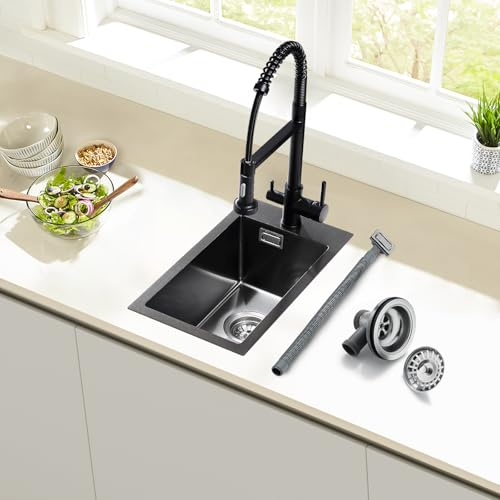 ROVOGO Küchenspüle Schwarz 50x28cm Edelstahl Spüle mit Armaturloch 1 Becken | Spülbecken Küche mit Ablaufgarnitur und Überlauf-Set, Einbauspüle Rechteckig, Einbau Spüle Klein Edelstahlspüle für Küche