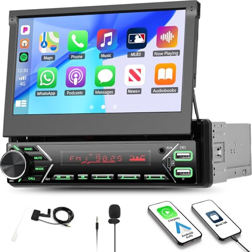 DAB+ Autoradio 1 Din Flip Out mit Wireless Carplay Android Anto 7 Zoll Motorisierte Bildschirm Ausfahrbarem Display Bluetooth Auto Stereo Type-C Laden USB/AUX/FM Radio Mirrorlink SWC + Mic