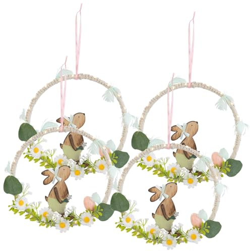 PEARL Haustürdekoration Ostern: 4er-Set Oster-Fenster- & Tür-Deko mit Hase, LED-Beleuchtung und Timer (Osterhasen-Kranz-Dekor, Hasen-Kranz, Band)