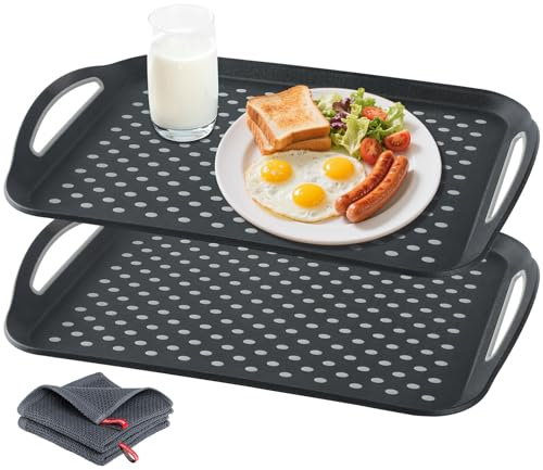 Large Non-Slip Serving Tray with Handles - Suitable Serving Tray, Food Tray, Trays for Serving Food,Serving Platters - an Ideal Dining Choice, Black - 2 Pack