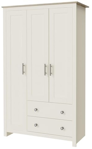 Nera 3 Door Wardrobe with Drawers Shelves and Hanging Rail Tall Wardrobes for Bedrooms Storage (Cream on Oak)