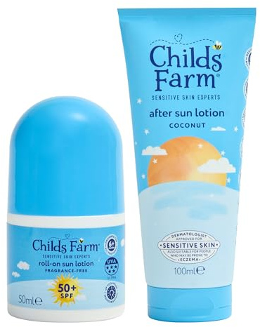 Childs Farm Kids & Baby Sun Lotion Roll-On SPF 50+ (50ml) & After Sun Lotion (100ml) Bundle | UVA & UVB Very High Protection | Extra Water Resistant | Suitable for Dry and Sensitive Skin