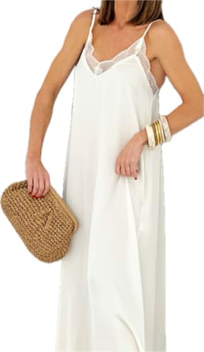 19 de enero Vestido Lencero Largo para Mujer, Talla Única, Estilo Suelto, Tirantes Finos con Encaje, Ideal para Verano (beigs, Talla Unica)