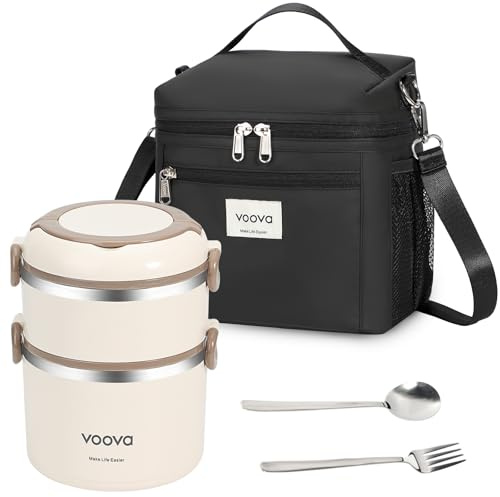 Voova Stackable Stainless Steel Thermal Lunch Box with Lunch Bag and Cultery Set for Adult Women Men, 2 Tier Leakproof & Microwave Safe Insulated Bento Boxes Food Container for Work，Black