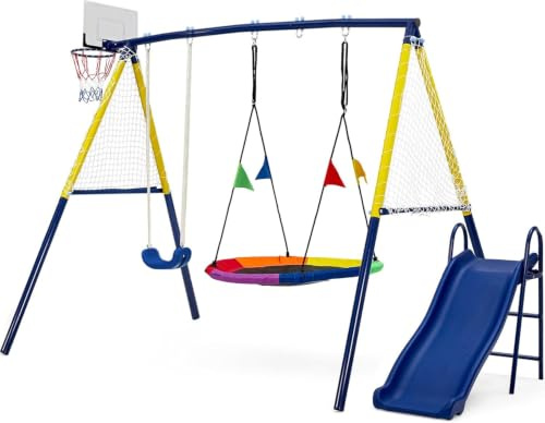Aptliton Kids Swing set with Metal Frame, Nest Tree and Plastic Single Swing, Basketball Hoop, Slide, Backyard Playground Outdoor Play Frame Toy for children, Over 3 Years Old, Yellow & Blue