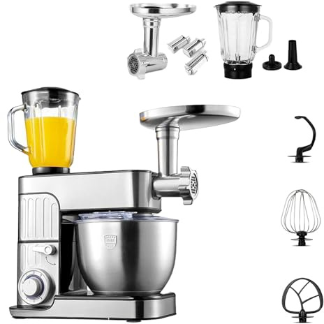 TDSYOCG Batidora de Pie Multifuncional 5 en 1,Extractor de Zumo,con Agitador, Gancho para Masa, Picadora de Carne, 6 Velocidades Ajustables, para Restaurante, PasteleríA 5 L/7 L