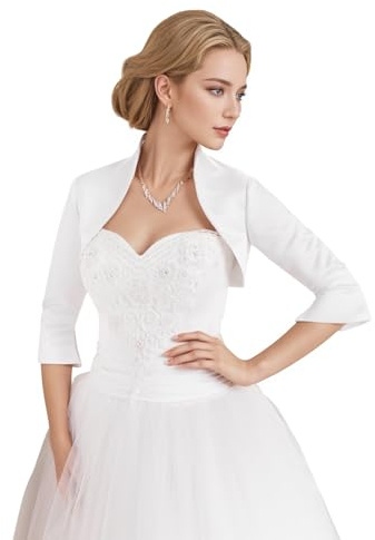 Giacca da sposa da donna, in raso, elegante, con maniche a 3/4, perfetta per sposa, matrimonio e ballo da sera, bianco, L